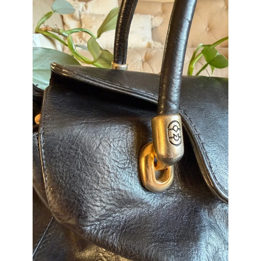 MARINO ORLANDI Satchel Black Leather Embossed Logo Gold Hardware Purse Bag Large